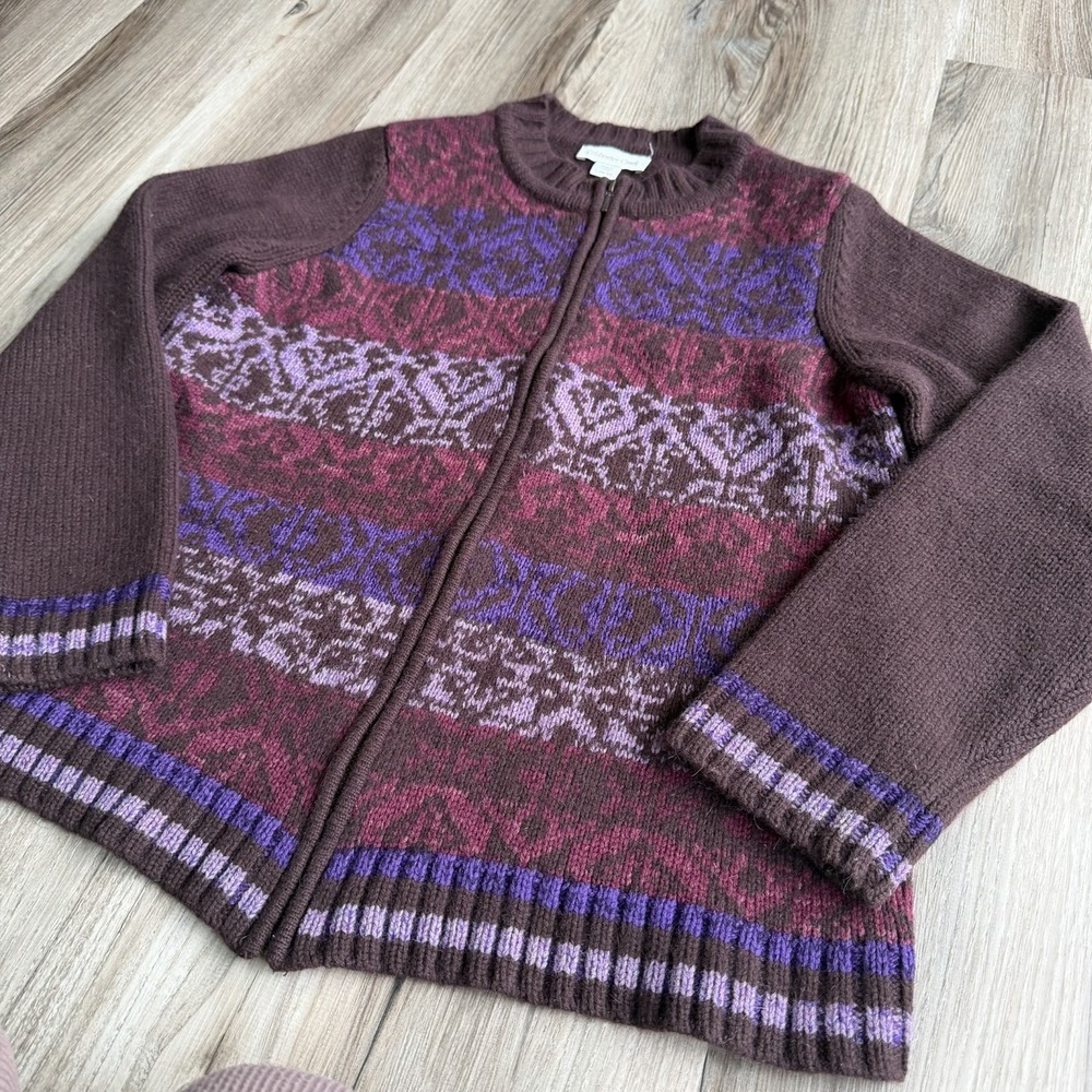Vintage Coldwater Creek Women Brown Purple Full Zip Wool Cardigan L Fair Isle - Picture 3 of 7